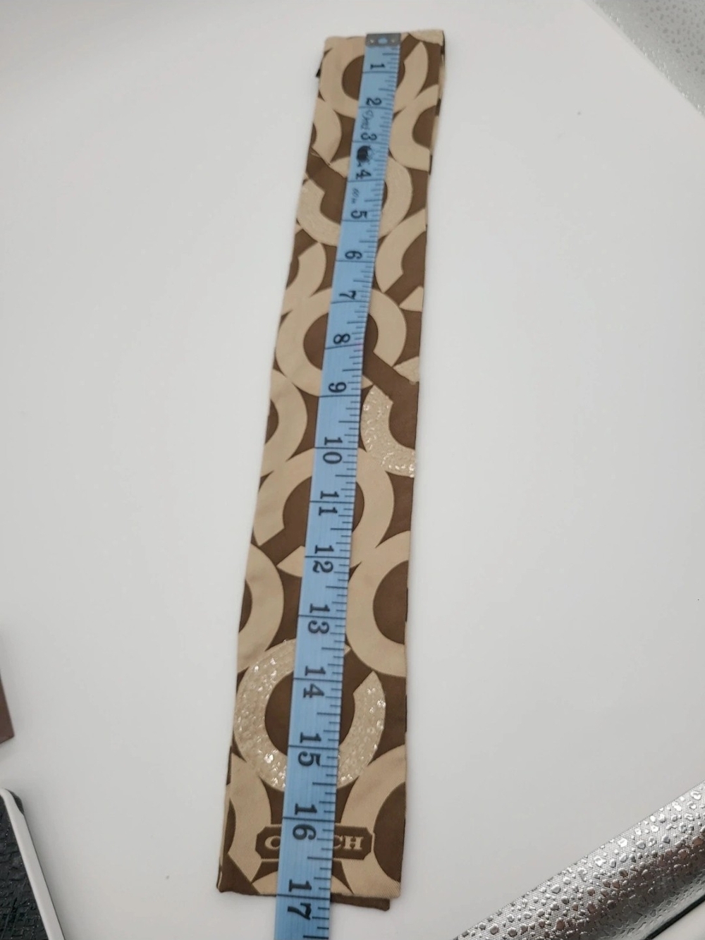 COACH Brown & Tan Signature Sequinef Circle Print Silk Scarf Tie - Picture 4 of 7